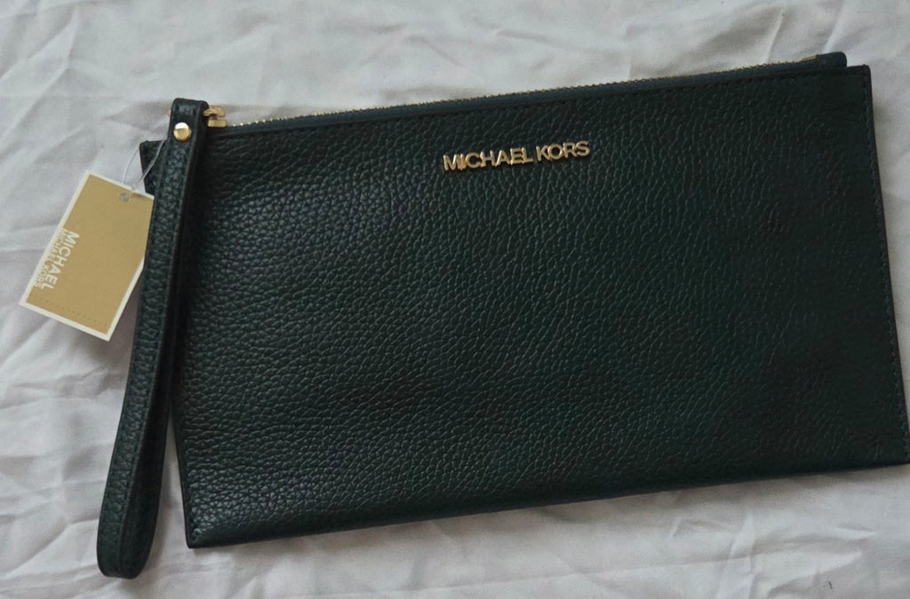 Michael Kors Olive Green Pebbled Wristlet Clutch with Gold Logo