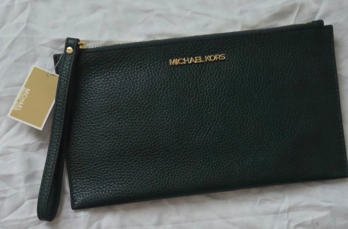 Michael Kors Olive Green Pebbled Wristlet Clutch with Gold Logo