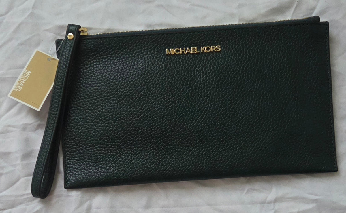 Michael Kors Olive Green Pebbled Wristlet Clutch with Gold Logo